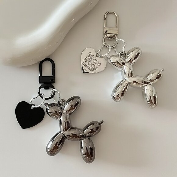 Set of 2 Cute Balloon Dog with ball & heart Charm Keychains Mirror - Picture 4 of 7